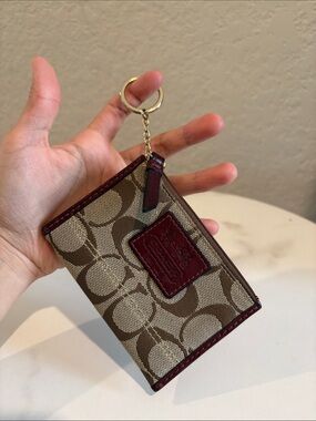 Coach Brown Signature Canvas Card Case with Burgundy Trim